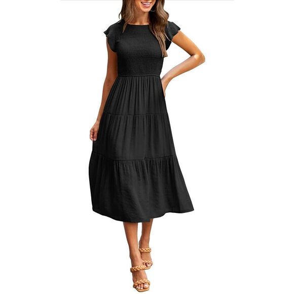 NEW Black Flutter Crew Neck Smocked Tiered Midi Dress M - Picture 2 of 6